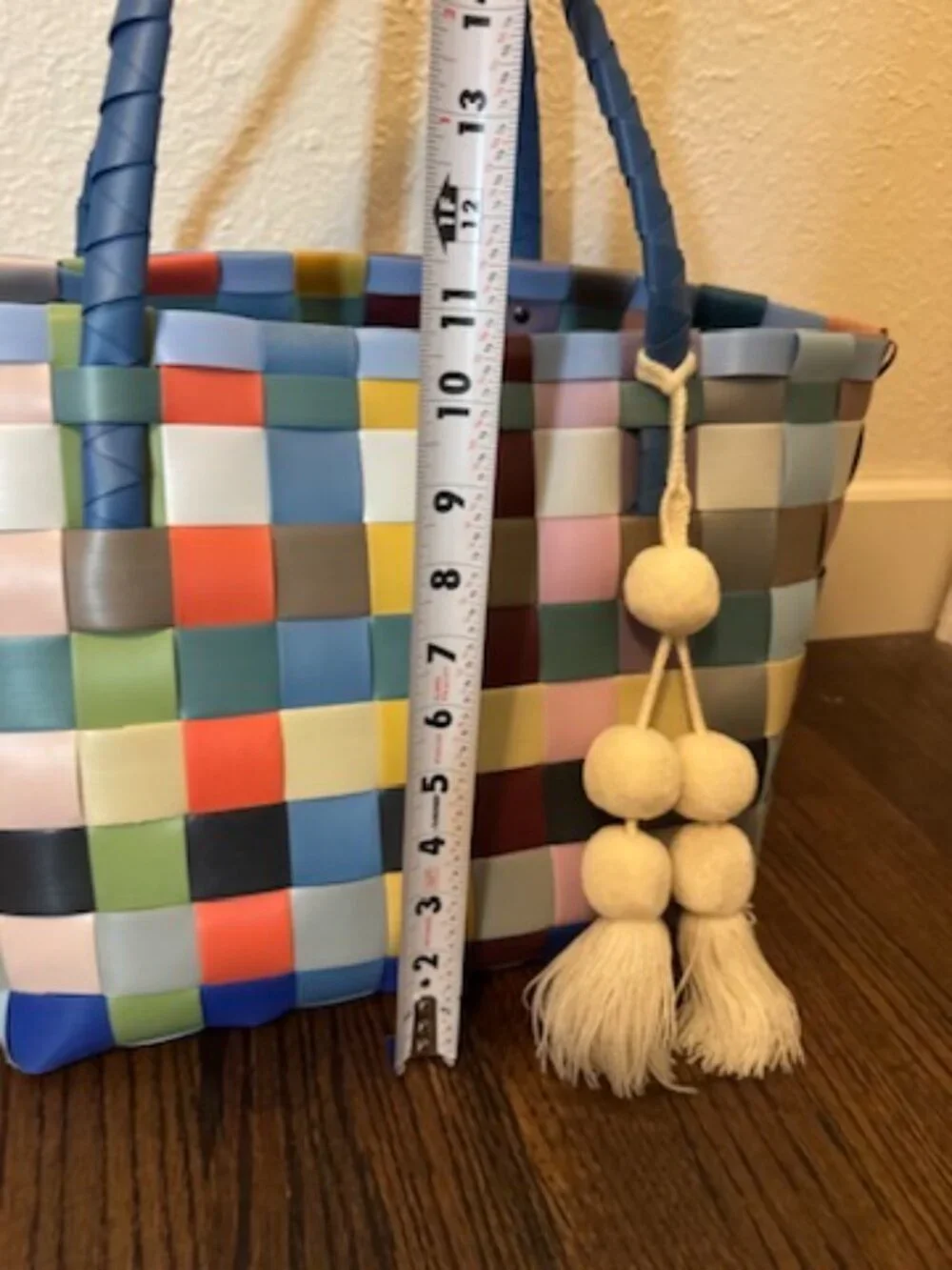 Handed By Paris Recycled Plastic Tote Bag Multi Color with Cream Pom Pom